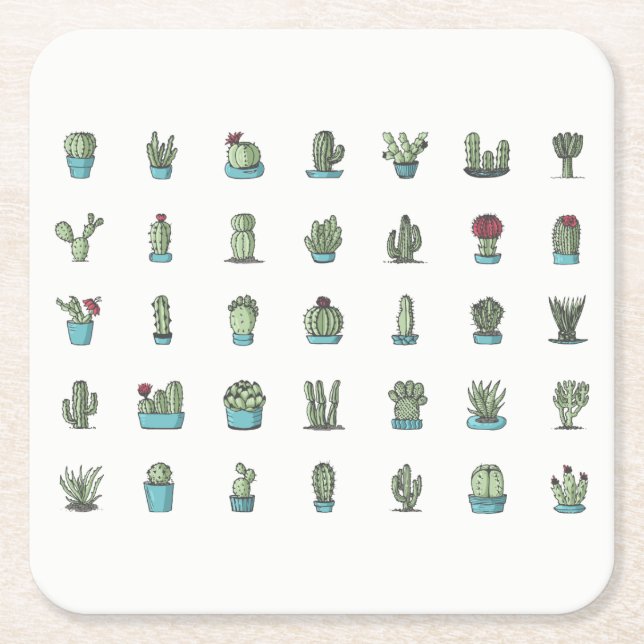 Posavasos Cuadrado De Papel Cactus Suculentas Plantas Dibujo Botánico (Anverso)