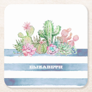 Posavasos Cuadrado De Papel Cactus Suculento Flores a la Acuarela Rayas 