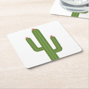 Posavasos Cuadrado De Papel Cactus verdes de flores rosadas de Boda suroeste