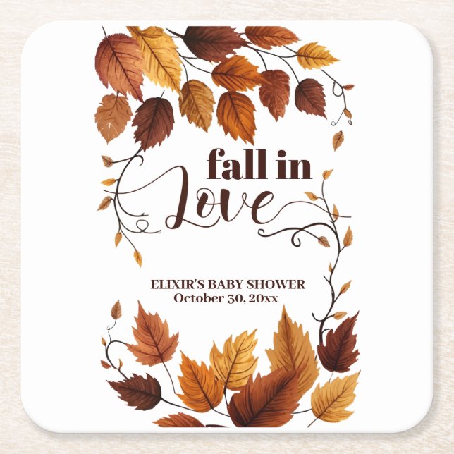 Posavasos Cuadrado De Papel Caer Enamorada Del Otoño Deja Baby Shower (Anverso)
