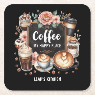 Posavasos Cuadrado De Papel ☕Café personalizado Cocina Cafe Coffee Lugar Feliz