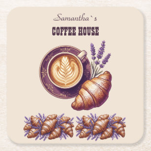 Posavasos Cuadrado De Papel Cafe Personalizado Merch Croissant Vintage Con Lav