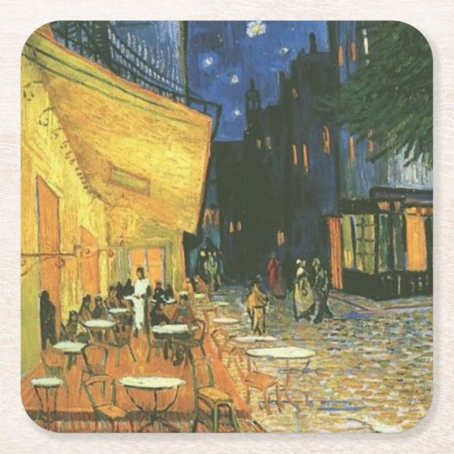 Posavasos Cuadrado De Papel Cafetería nocturna Pintura de van Gogh (Anverso)