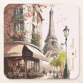 Posavasos Cuadrado De Papel Cafetería parisina de la Torre Eiffel con flores d