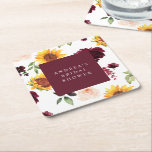 Posavasos Cuadrado De Papel Caída Bridal Shower Sunflowers y Rosas de Borgoña<br><div class="desc">Añada un toque de elegancia otoñal a su ducha nupcial con nuestros elegantes Sunflowers y Burgundy Rosa Paper Coasters. Estos atractivos de diseño elegante ofrecen una impresionante mezcla de rosas burdeos, girasoles vibrantes y vegetación exuberante, que capta perfectamente el espíritu de la temporada. Lo que hace a estas galas verdaderamente...</div>