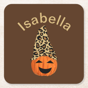 Posavasos Cuadrado De Papel Calabaza Con Un Gorra De Leopardo