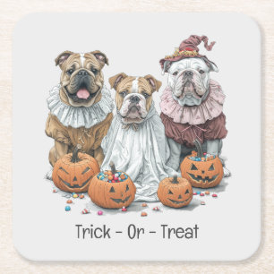 Posavasos Cuadrado De Papel Calabaza de Bulldoges ingleses de Halloween Trick 