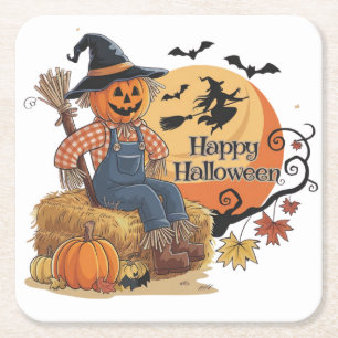 Posavasos Cuadrado De Papel Calabaza de espantapájaros Halloween Rústica Vibes