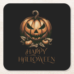 Posavasos Cuadrado De Papel Calabaza de Halloween feliz