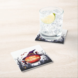 Posavasos Cuadrado De Papel Calabaza de Halloween, gatos y brujas