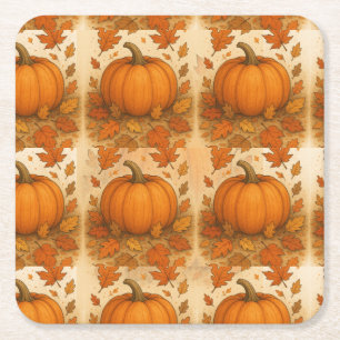 Posavasos Cuadrado De Papel Calabaza de Otoño Dorada y hojas de caída