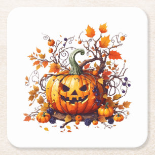 Posavasos Cuadrado De Papel calabaza divertida de otoño Halloween