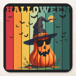 Posavasos Cuadrado De Papel Calabaza divertida linda de Halloween vintage otoñ