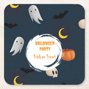Posavasos Cuadrado De Papel Calabaza fantasma del partido Cute Dark Blue Hallo