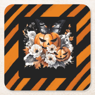 Posavasos Cuadrado De Papel Calabaza floral de Halloween naranja