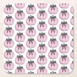 Posavasos Cuadrado De Papel Calabaza rosa con arco negro