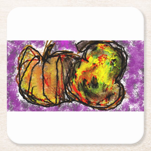 Posavasos Cuadrado De Papel Calabaza y calabaza (Anverso)