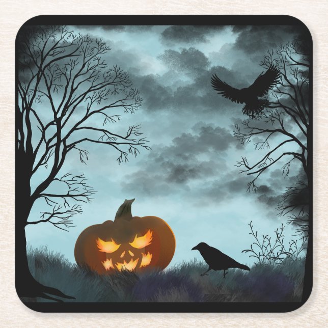 Posavasos Cuadrado De Papel Calabaza y calabaza de Halloween (Anverso)