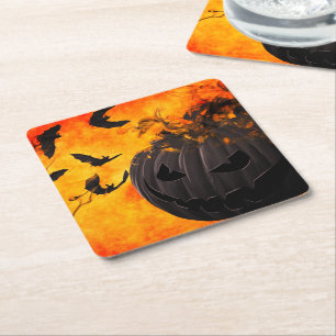 Posavasos Cuadrado De Papel Calabaza y ilustracion murciélago espeluznantes