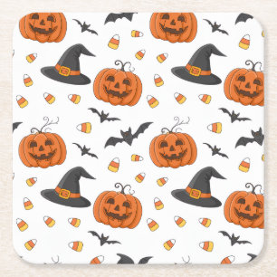 Posavasos Cuadrado De Papel Calabaza y sombrero de bruja Halloween