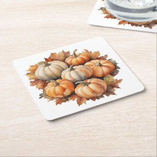 Posavasos Cuadrado De Papel Calabazas acuáticas de otoño con hojas