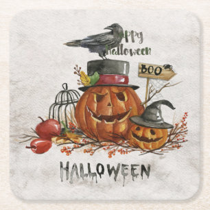 Posavasos Cuadrado De Papel Calabazas asustadizas de la acuarela de Halloween