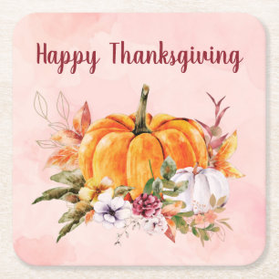 Posavasos Cuadrado De Papel Calabazas De Acción De Gracias Y Flores Con Cuadra
