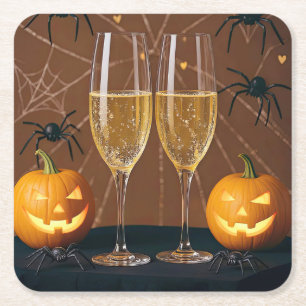 Posavasos Cuadrado De Papel Calabazas de arañas de champán de vino de Hallowee