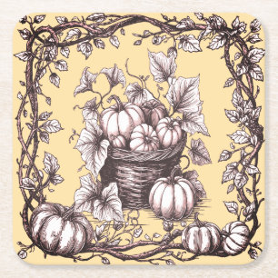 Posavasos Cuadrado De Papel Calabazas de Halloween con hojas de otoño