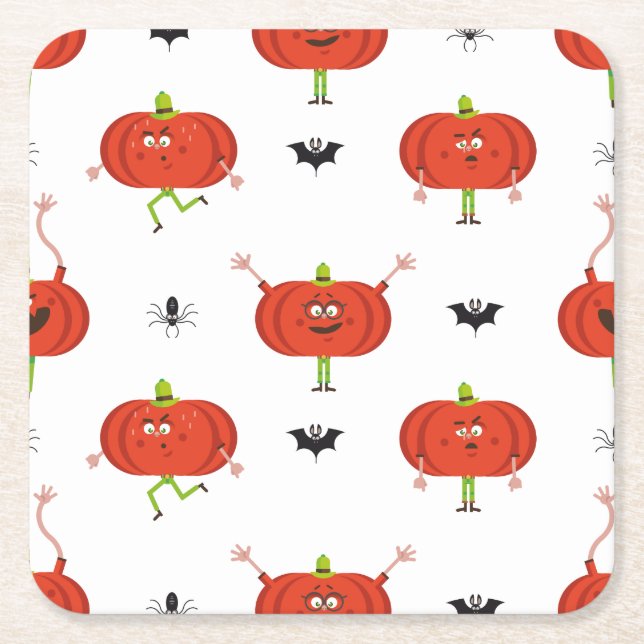 Posavasos Cuadrado De Papel Calabazas de halloween, patrón de araña y murciéla (Anverso)