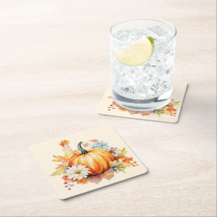 Posavasos Cuadrado De Papel Calabazas naranjas y flores Otoño