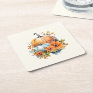 Posavasos Cuadrado De Papel Calabazas otoñales con flores y follaje