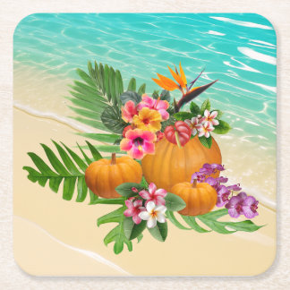 Posavasos Cuadrado De Papel Calabazas Tropicales de Acción de Gracias Palmas P