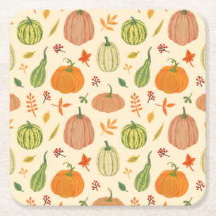 Posavasos Cuadrado De Papel Calabazas verdes y naranjas, patrón sin fisuras.
