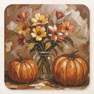 Posavasos Cuadrado De Papel Calabazas y flores acogedoras de otoño