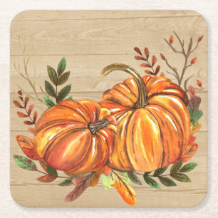 Posavasos Cuadrado De Papel Calabazas y Hojas de Otoño Rústicas