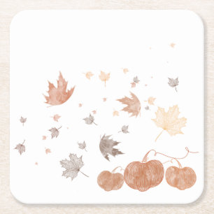 Posavasos Cuadrado De Papel Calabazas y hojas del otoño