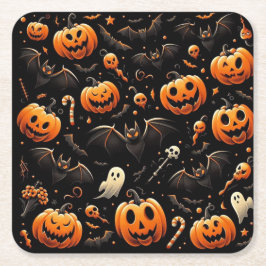 Posavasos Cuadrado De Papel Calabazas y murciélagos
