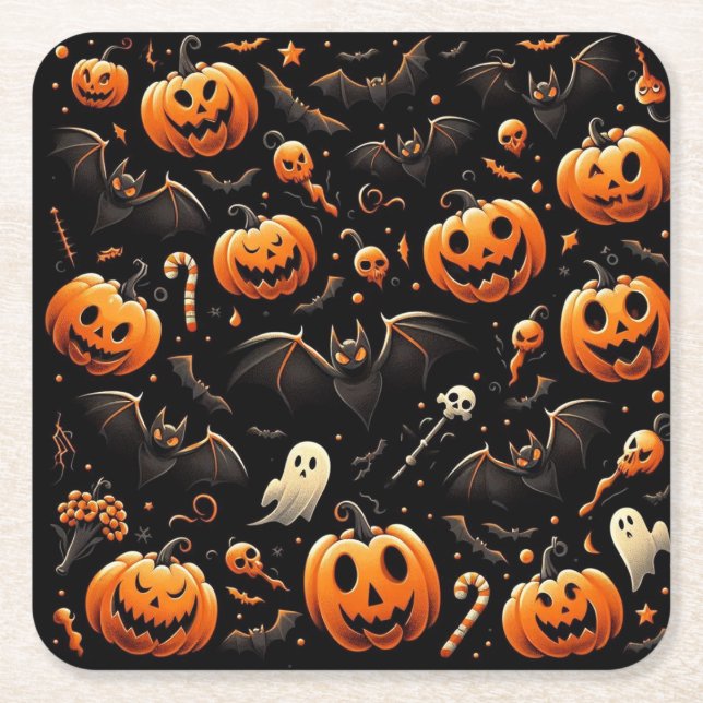 Posavasos Cuadrado De Papel Calabazas y murciélagos (Anverso)