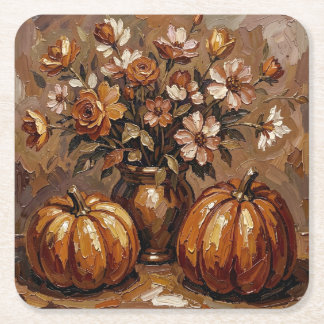 Posavasos Cuadrado De Papel Calabazas y rosas de cosecha de otoño acogedor