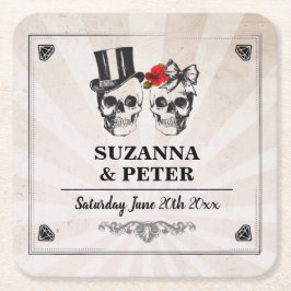 Posavasos Cuadrado De Papel Calavera a Rosas rubios Boda Fiesta de cráneo