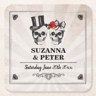 Posavasos Cuadrado De Papel Calavera a Rosas rubios Boda Fiesta de cráneo
