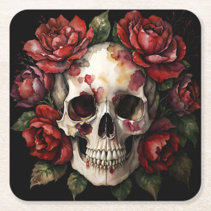 Posavasos Cuadrado De Papel Calavera con rosas rojas