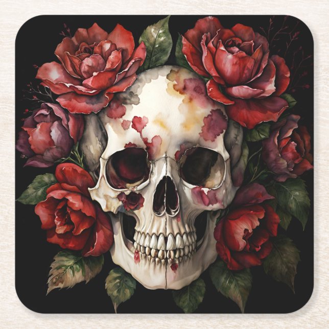 Posavasos Cuadrado De Papel Calavera con rosas rojas (Anverso)