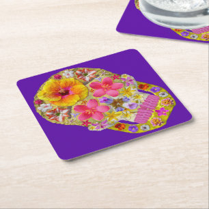 Posavasos Cuadrado De Papel Calavera de flores 4 - Tropical