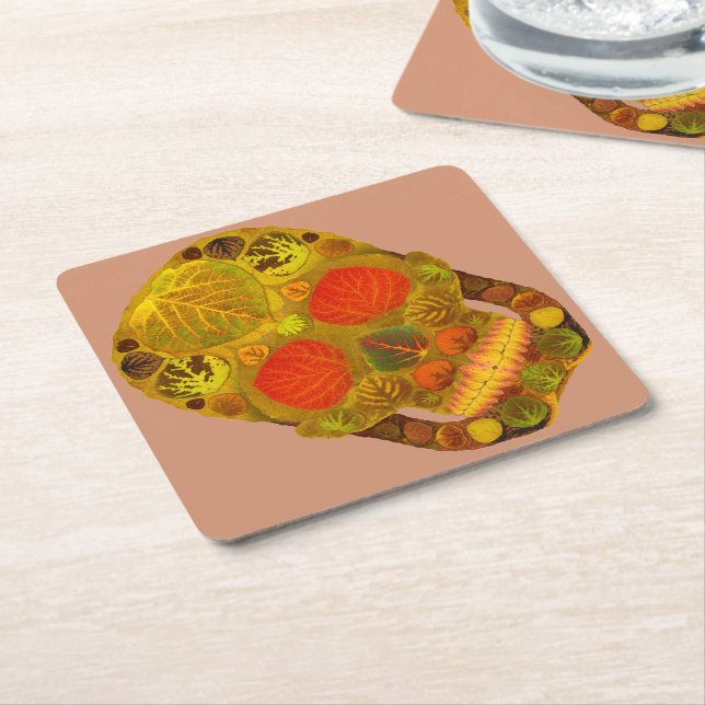 Posavasos Cuadrado De Papel Calavera de hoja de álamo 12 (En perspectiva)