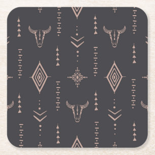 Posavasos Cuadrado De Papel Calavera de toros de Boho, de etnia transparente.