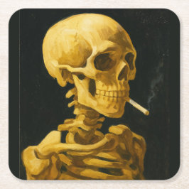 Posavasos Cuadrado De Papel Calavera Dorada Fumando – Única Inspirada en Van G