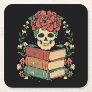 Posavasos Cuadrado De Papel Calavera Floral en tus Libros