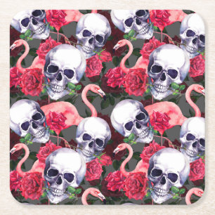 Posavasos Cuadrado De Papel Calavera floral, flamingo sin costuras.